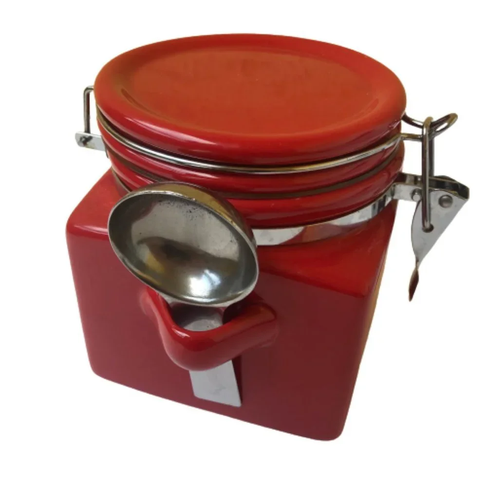 OGGI Red Ceramic Coffee Square Canister Handle & Spoon
